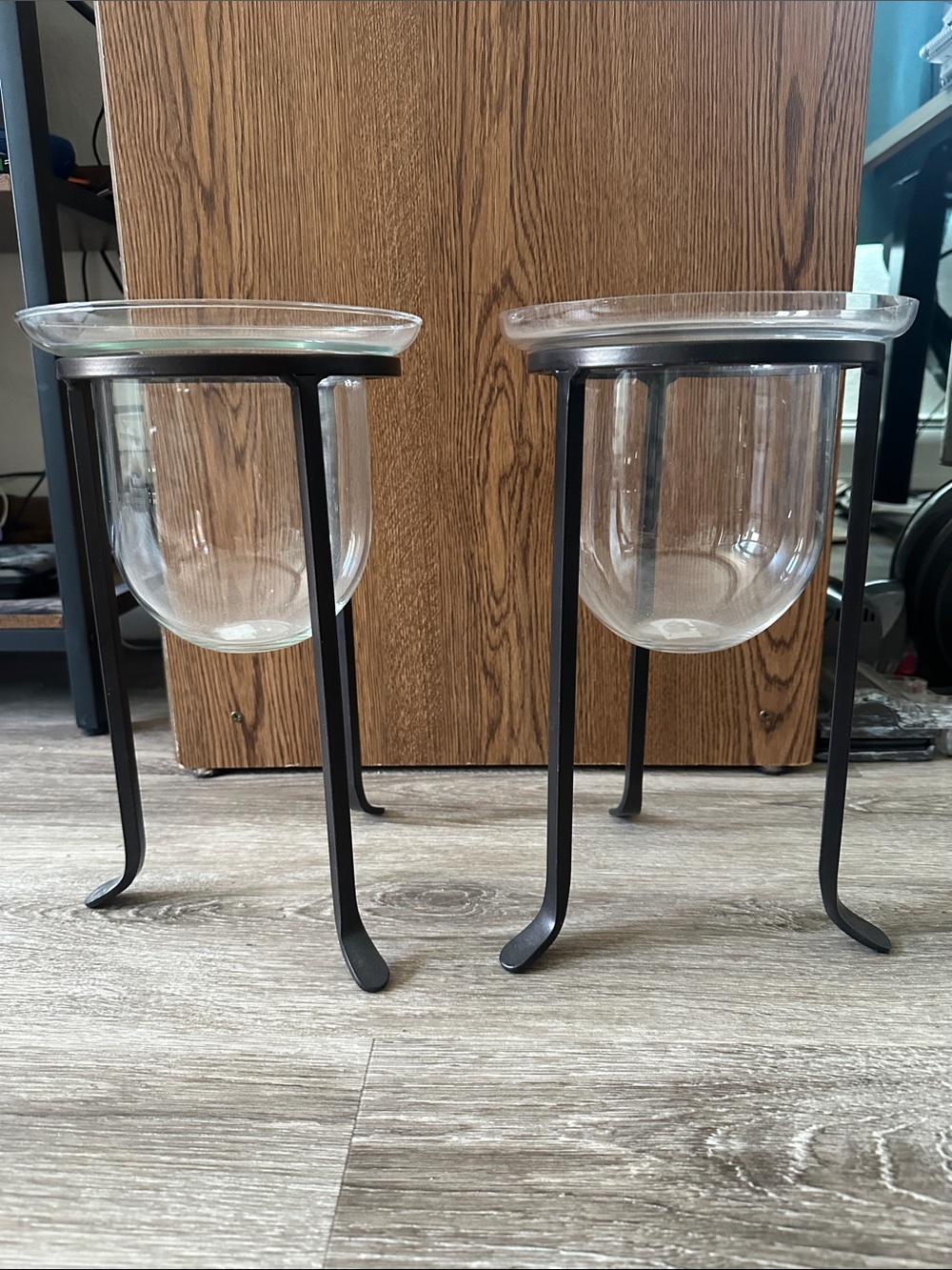 Modern Glass & Black Metal Hurricane Candle Holders - Set of 2